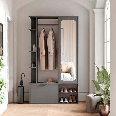 Produktbild von Garderobe mit Spiegel ELIOR rechts, Diamantgrau, moderner Flurschrank mit Stauraum, Kleiderstange und Ablagen