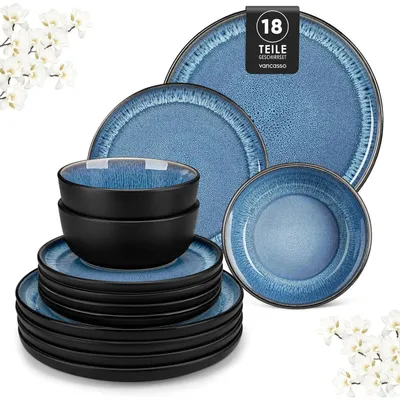 Produktbild von Geschirrset 18tlg Steingut für 6 Personen Blau Tafelservice mit Tellern Schalen Salattellern Spülmaschinenfest Mikrowellengeeignet