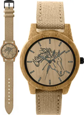 Produktbild von Pacific Time Holz Armbanduhr Damen und Herren Pferd Holzuhr Canvas Textil Armband beige 87204