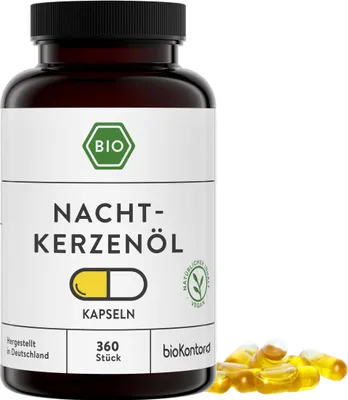 Produktbild von Nachtkerzenöl Kapseln I 360 vegane Kapseln mit 500 mg kaltgepresstem Nachtkerzenöl I bioKontor