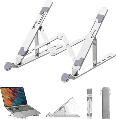 Obrázok produktu pre Uniqoos® nastaviteľný stojan na notebook z hliníka, 7-stupňové nastavenie – skladacia podpera so silikónovými podložkami, vhodná pre MacBook Air, Dell, HP, Lenovo, tablety