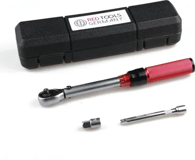 Produktbild von Red Tools Drehmomentschlüssel 5-25 Nm 1/4 Zoll - mit Adapter, Verlängerung & Aufbewahrungskoffer