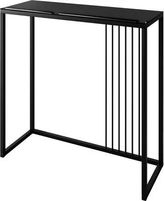 A black console table with a glass top and a slatted design on one side, shown against a white background.