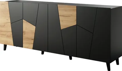 Immagine prodotto di Cassettiera ETOS 200 cm 4D BLACK MATT / CRAFT OAK con gambe nere 4 ante Credenza MDF Credenza a ripiani aperti Buffet Modern Loft Industrial Design