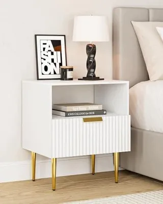Zdjęcie produktu dla Stolik nocny biały drewniany szafka z szufladą złote nogi 50X40X60CM