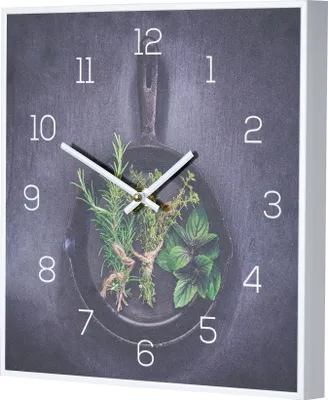 Produktbild von Wanduhr 30x30cm Uhr PVC Rahmen Weiß Küche Kräuter Pfanne Wanddeko Küchenuhr