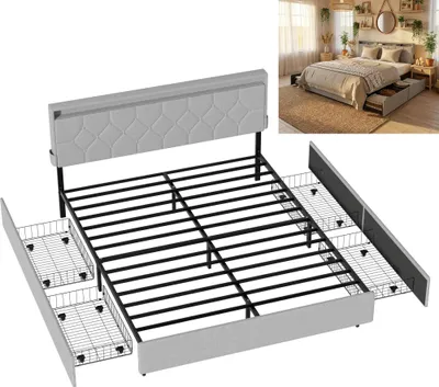 Produktbild von XMTECH 140 x 200 cm Polsterbett mit Gepolstertem Kopfteil & 4 Stauraumfächern, Hochwertige Material, ohne Matratze,  Grau