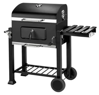 Image de Barbecue au charbon en acier - Chariot barbecue portable - Double grille - Thermomètre - Bac à charbon réglable - Tablette latérale et roulettes - 107 × 115 × 68 cm - Noir