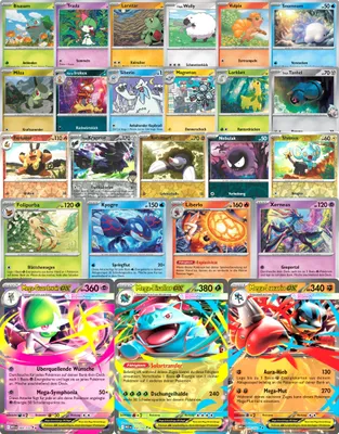 Produktbild von 50 Verschiedene zufällige Pokemon Karten mit 1 branden MEGA-Karte in Deutsch OHNE Trainer-/Energiekarten + Sammlerzentrale Sleeve