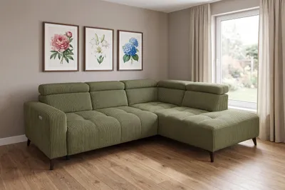 Obrázek produktu pro Moderní rohová pohovka Velvet Cord v zelené barvě s elektrickou relaxační funkcí | Nastavitelné opěrky hlavy | Elegantní design