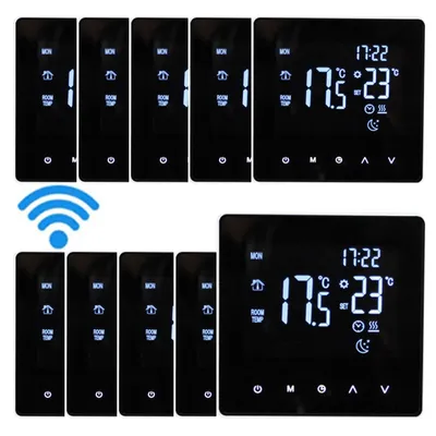 A collage of digital thermostats and their displays, with a WiFi symbol.