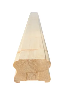 A close-up, straight-on view of a wooden handrail profile against a white background.