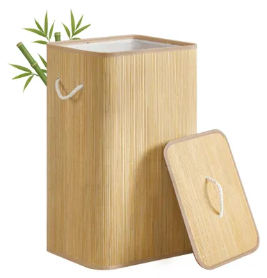 Produktbild von SONGMICS Wäschekorb mit Deckel, 90 L, Bambus, faltbar – 90L rechteckig