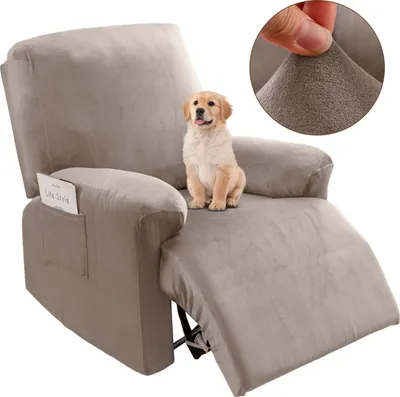 Produktbild von Relaxsessel Sesselbezug Stretch Samt Liegestuhlbezug mit Seitentasche 4-teiliges Set Elastischer Sesselschoner 1-Sitzer, Taupe