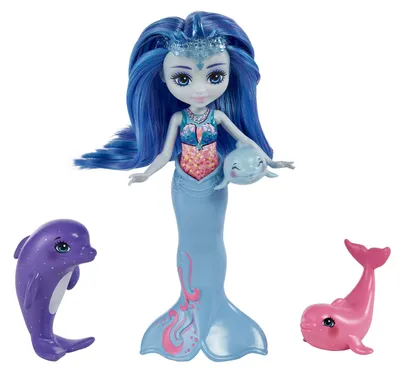 Produktbild von Royal Enchantimals Dorinda Dolphin-Puppe (ca. 15 cm) mit abnehmbarer Flosse und 3 Tierfiguren