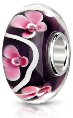 Produktbild von MATERIA by Matthias Wagner Glas Bead violett mit rosa Blüten für Beads Armband 1036