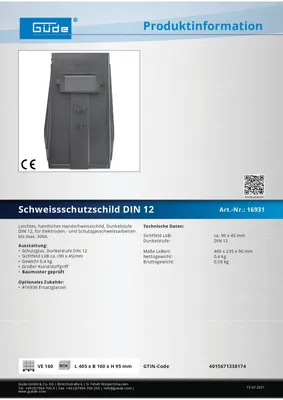 Obrázok produktu pre Güde GmbH Ochranný zvárací štít DIN 12 16931