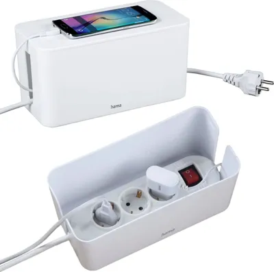 Produktbild von Hama Kabelbox „Mini“ mit Deckel & Gummifüßen (Organizer zur Vermeidung von Kabelsalat, Aufbewahrungsbox zum Verstecken von Steckdosenleisten, Adaptern & Kabeln, Schutz von Kindern & Tieren) weiß