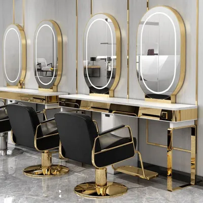 Produktbild von 360Home Frisiertisch mit LED Spiegel Stylingstation Bedienplatz Friseursalon Schrank mit Schubladen Frisierplatz mit Edelstahlrahmen Gold B-2-Sitzer