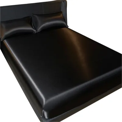 Produktbild von Satin Bettwäsche Set 180x200 Schwarz, 3 Teilig, Spannbettlaken und 2 Kissenbezüge