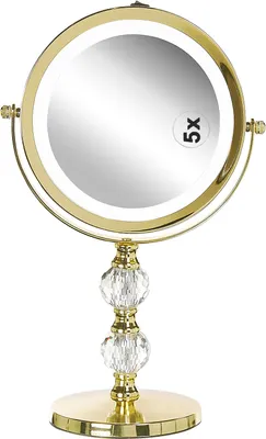 Produktbild von BELIANI Schminkspiegel Gold Eisen rund doppelseitig drehbar mit LED Licht Ständer 5-fach Vergrößerung Modern Kosmetikspiegel Tischspiegel
