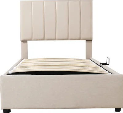 Produktbild von Flieks Polsterbett 90x200cm mit Lattenrost, Stauraumbett Boxspringbett mit Stauraum, Hydraulisches Jugendbett Kinderbett Einzelbett, Leinen, Beige