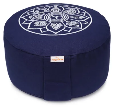 Produktbild von yogabox Meditationskissen Glückssitz® 8 Glückverheißende Symbole - dunkelblau 33 x 33 x 15 cm  Buchweizenschalen