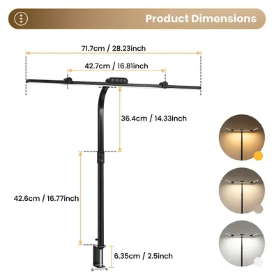 Obrázek produktu pro LED stolní lampa – klipová lampa – tři světelné hlavice – 5 režimů osvětlení – stmívatelná – s časovačem – nastavitelný úhel – šetrné osvětlení pro oči