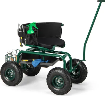 Produktbild von GOPLUS Rollsitz Garten, 360° drehbarer Gartensitz mit Griff, Rückenlehne & Sitzkissen, Gartenhocker mit Ablage, Korb & Werkzeugtasche, Sitz höhenverstellbar, bis 150kg, Gartenwagen für Gartenarbeit
