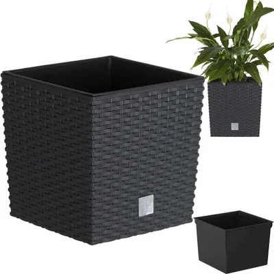 A black woven planter with a small silver emblem on the front, shown in isolation and with a smaller inset image of the same planter with a plant.