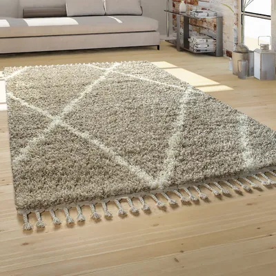 Immagine prodotto di Tappeto a pelo lungo per soggiorno Shaggy Stile scandinavo Con frange Beige crema Dimensioni 120x170 cm