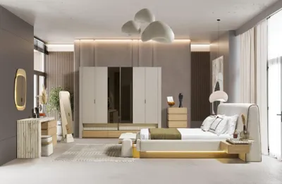 Produktbild von Bett Beige Nachttische Kleiderschrank Schminktisch mit Spiegel Kommode Spiegel