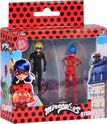A product box containing two action figures, Ladybug and Cat Noir, from the Miraculous series.
