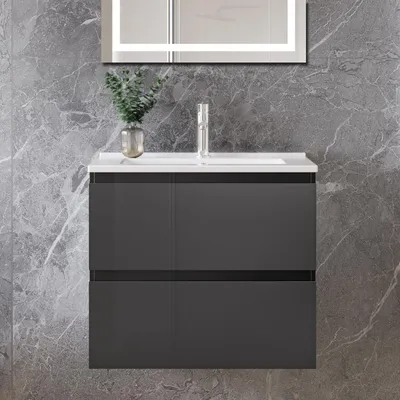 Produktbild von 60 cm Badmöbel-Set Unterschrank mit dünn Keramik waschtisch 2 Schubladen soft-close Hochglanz Anthrazit Selbstmontierter