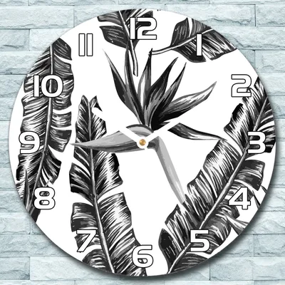 Produktbild von Wanduhr aus Glas Rund fi 30 Tropisch Palmblatt Quarz Deko Wohnzimmer Büro