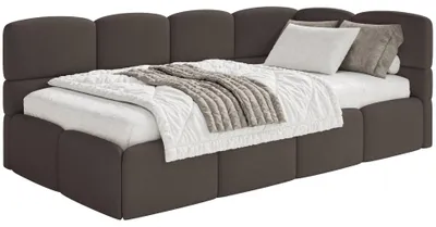 Obrázek produktu pro Selsey Cloudy – dětská postel 120x200, čelo vpravo, matrace a úložný prostor, hnědá chenille