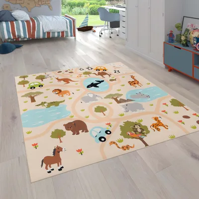 Produktbild von Teppich Kinderzimmer Kinderteppich Spielteppich Dschungel Rutschfest Creme Grün Grösse 140x200 cm