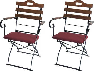 Image de Lot de 2 chaises de jardin HWC-J40, chaise pliante, qualité restauration, acacia ~ marron clair, rembourrage rouge