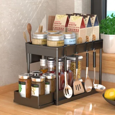 Image de Étagère à épices Étagère de cuisine extensible Étagère enfichable à 2 niveaux Étagère sous le meuble noir