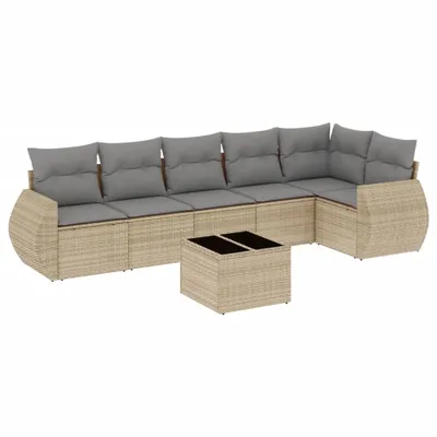 Produktbild von vidaXL 7-tlg. Garten-Sofagarnitur mit Kissen Beige Poly Rattan