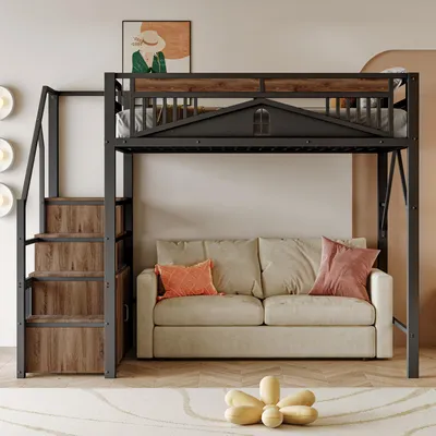 Produktbild von okwish Hochbett 140x200 Metallbett ohne Matratze,Bettgestell mit Sicherheitsgehäuse mit Fenster,Jugendbett mit Sicherheitsleiter mit Spind, Schwarz