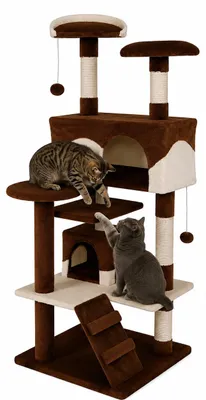 Immagine prodotto di tiragraffi per gatti lionto, albero tiragraffi e giochi da 130 cm con 2 grotte, scale, 3 aree di riposo e tronchi in sisal, marrone/beige