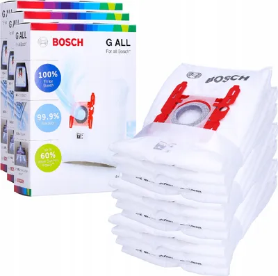 A stack of Bosch vacuum cleaner bags and their packaging.