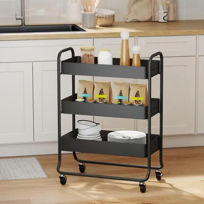 Produktbild von SUGIFT Rollwagen Aufbewahrungswagen Gitter, Küchenwagen Metall mit 3 Körben, Beistellwagen, Schwarz | 2 Bremsen | 5,3 kg | 64,5 x 34 x 87 cm