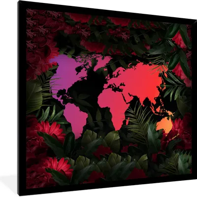 Produktbild von MuchoWow® MuchoWow® Gerahmtes Poster Weltkarte - Farben - Blumen 40x40 cm - Poster mit zchwarzem Bilderrahmen - Mit Rahmen - Wanddekoration Schlafzimmer