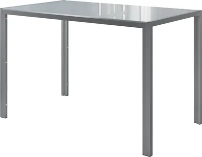 A studio shot of a rectangular dining table with a glass top and gray metal legs.