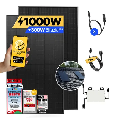 Produktbild von Balkonkraftwerk 1000W Solaranlage mit Ziegeldach Halterung (Einzelmontage) Steckerfertig Komplettset Photovoltaik Anlage 800W, Kabellänge: 5m, Solakon