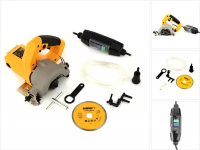 A collage of images showing a Dewalt wet/dry tile saw and its accessories.
