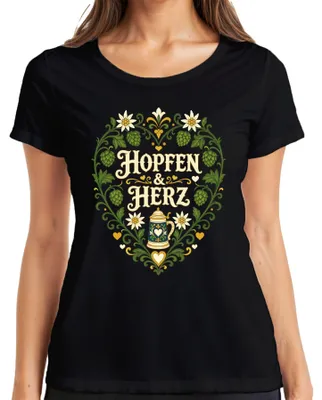 Productafbeelding van Hopfen & Herz Edelweiss bierkan, traditionele kleding, lederen broek voor dames, T-shirt, zwart, maat M