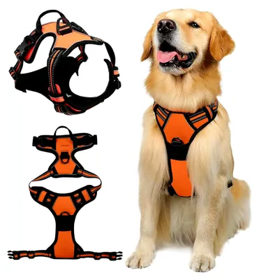 Produktbild von Hundegeschirr für große Hunde, Anti-Zug Geschirr, Geschirr für große Hunde mit Reflexstreifen und Kontrolle, Verstellbar, Brustgeschirr für mittelgroße Hunde, Orange, L